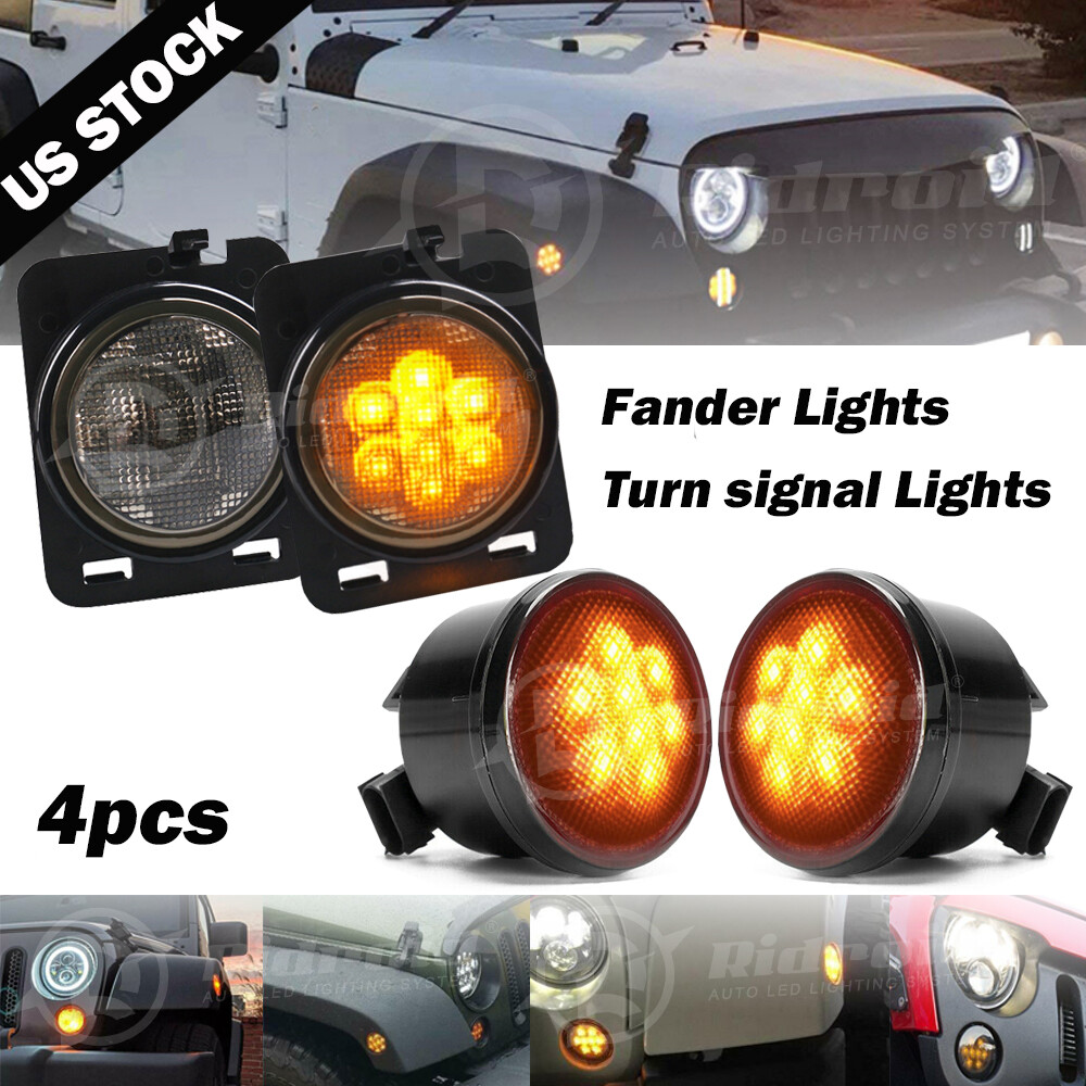 Front Smoke Lens LED Turn Signal + Fender Flare Side Light For Jeep Wrangler JK