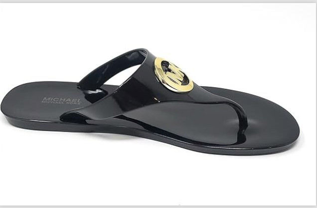 Michael Kors Lillie Black Jelly Thong Sandals Women 7, 8, 9, 10, 11 Gold MK Logo