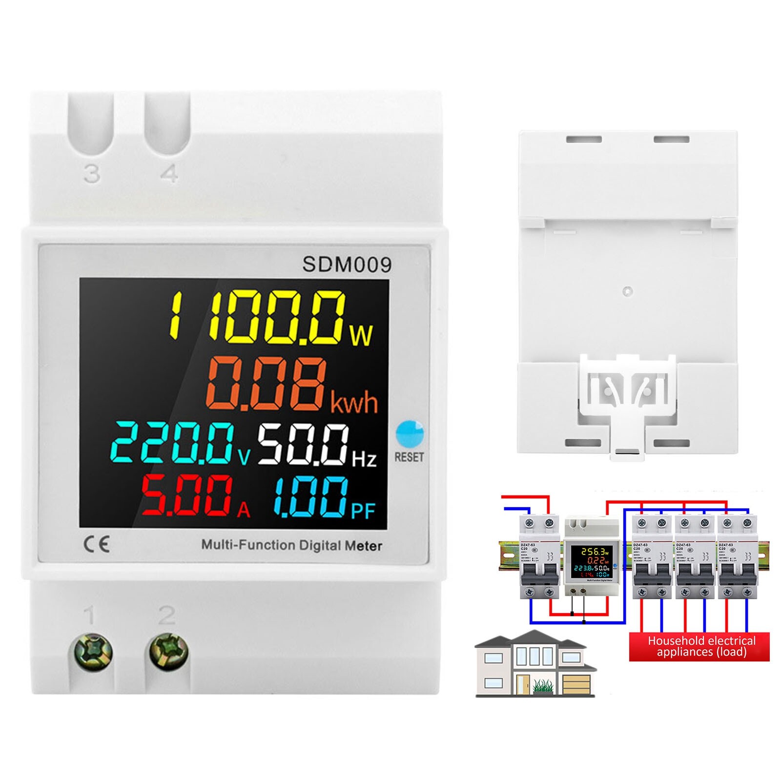 Din Rail Digital Power Energy Meter 6-in-1 AC 40-300V 100A Volt Watt Kwh Frequen