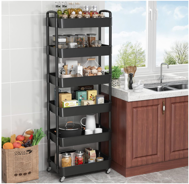 6-Tier Rolling Utility Cart with Handle, Storage Organizer on Wheels, Black