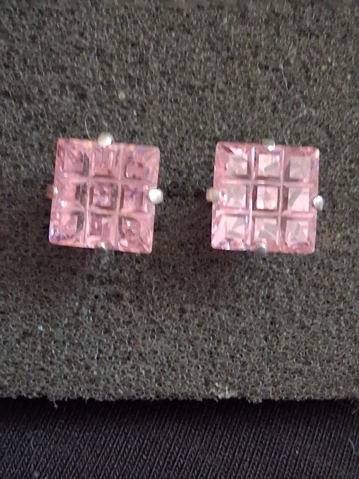 Sterling silver invisible cut pink stone grid pattern stud earrings, prong set