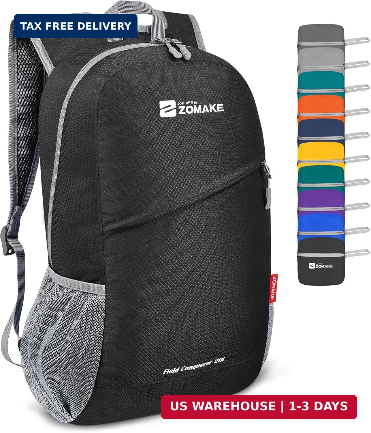ZOMAKE Lightweight Packable Backpack 20L(Black) | Foldable Backpacks Small Daypa