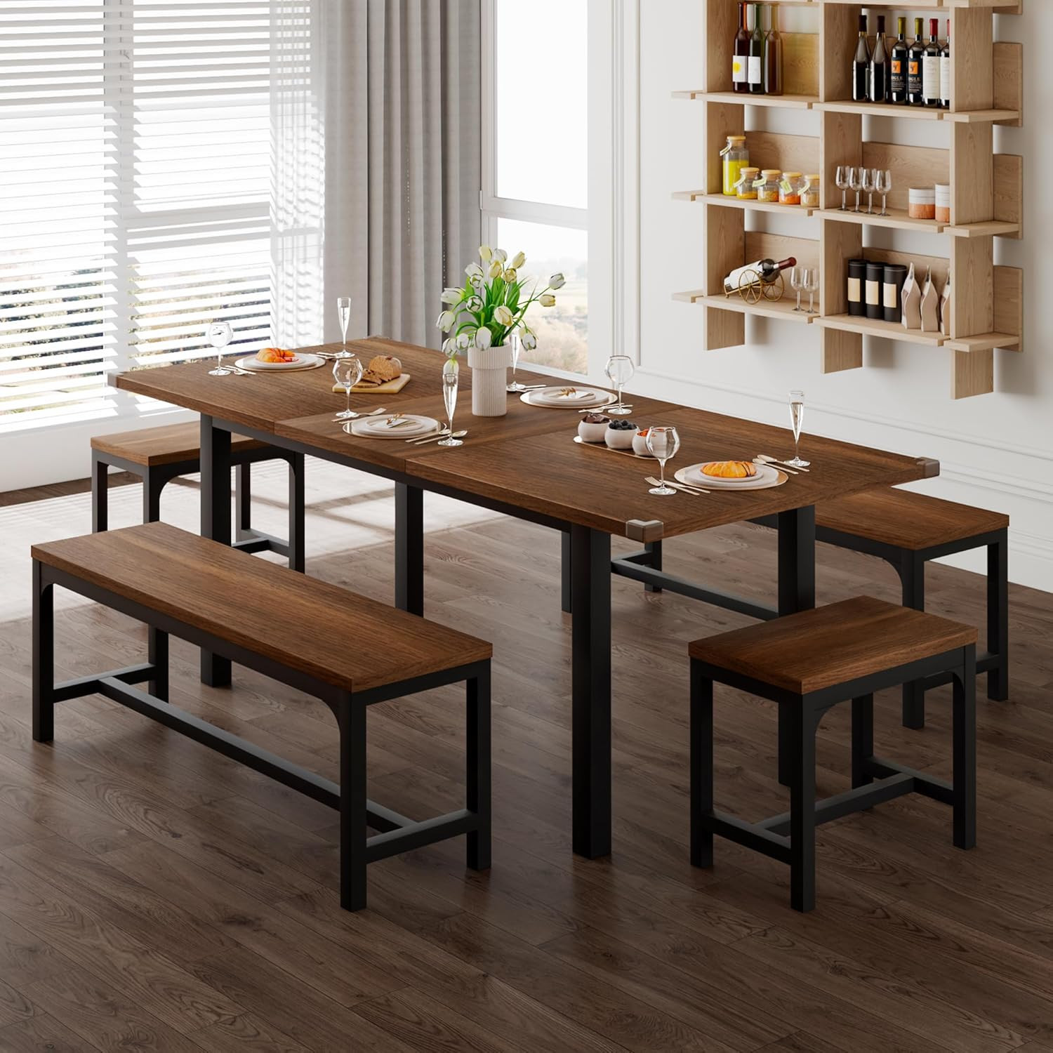 5-Piece Dining Table Set for 4-8 People, 63" Extendable Kitchen Table with 2 Ben