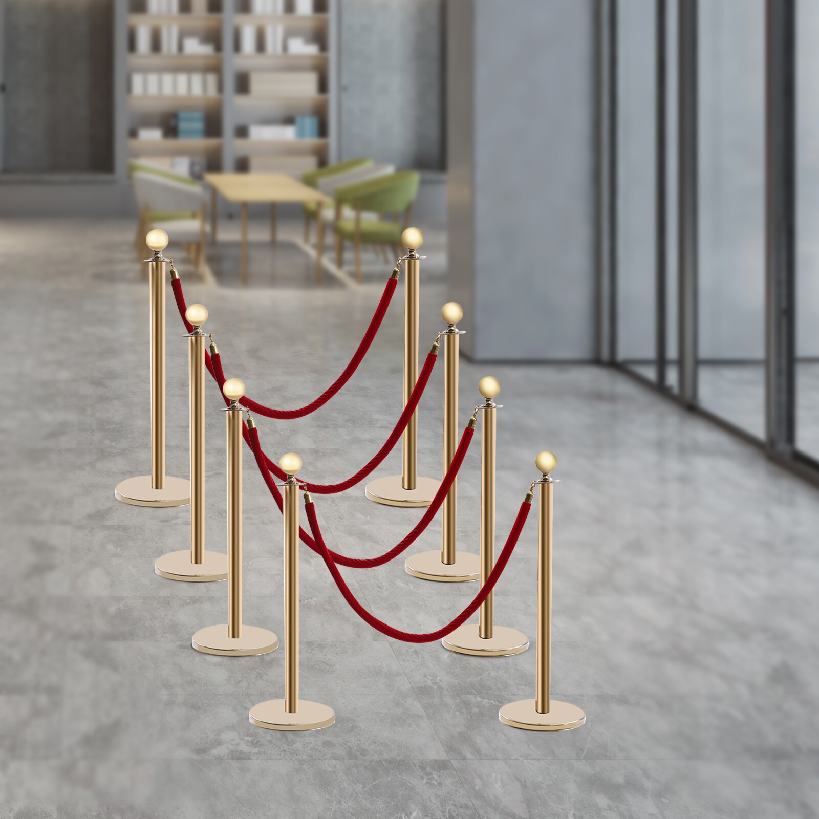 8 PCS Crowd Control Stanchion Gold Posts Set with Red Velvet Rope Queue Barrier