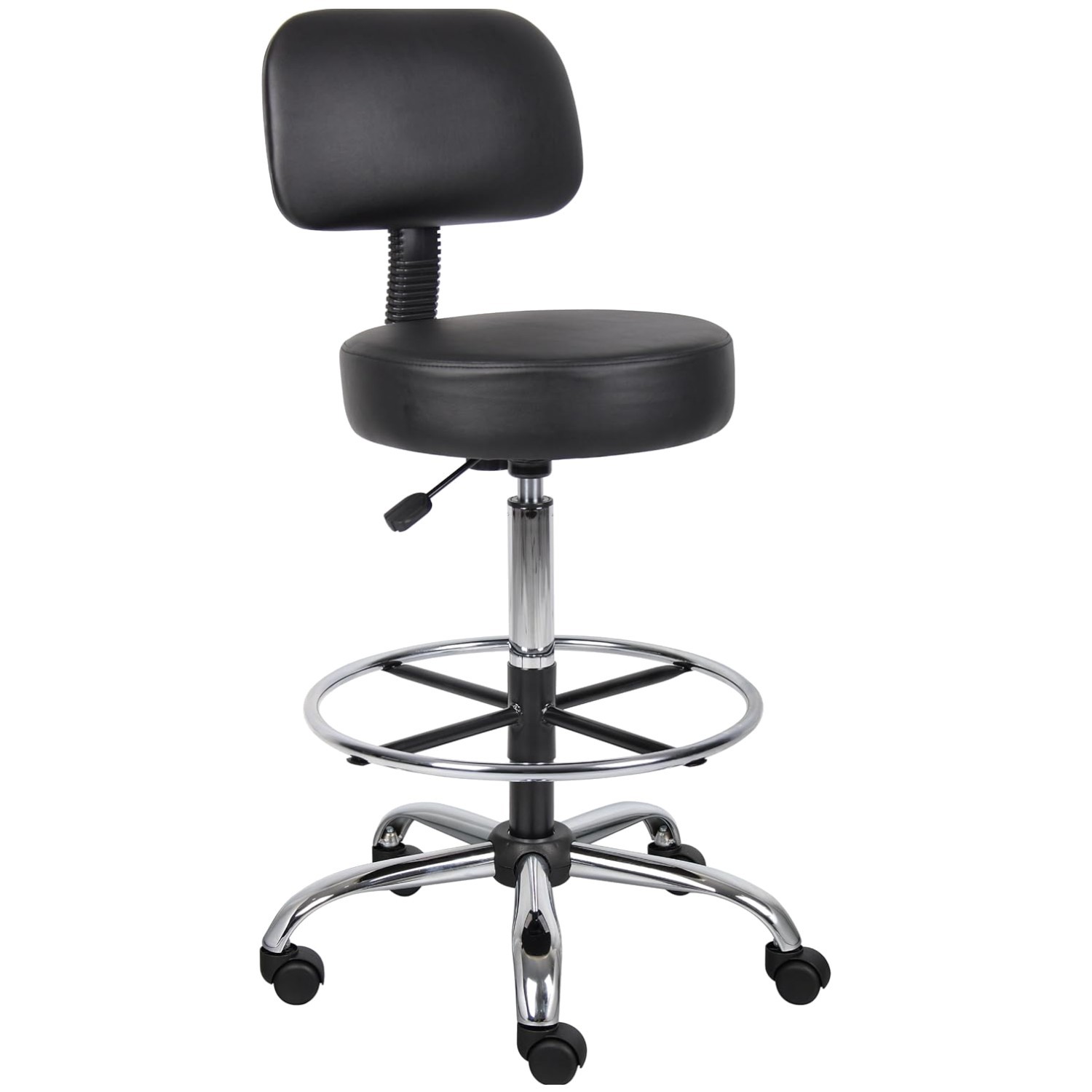 Durable Black Vinyl Drafting Stool with Adjustable Height & Plush Back Support