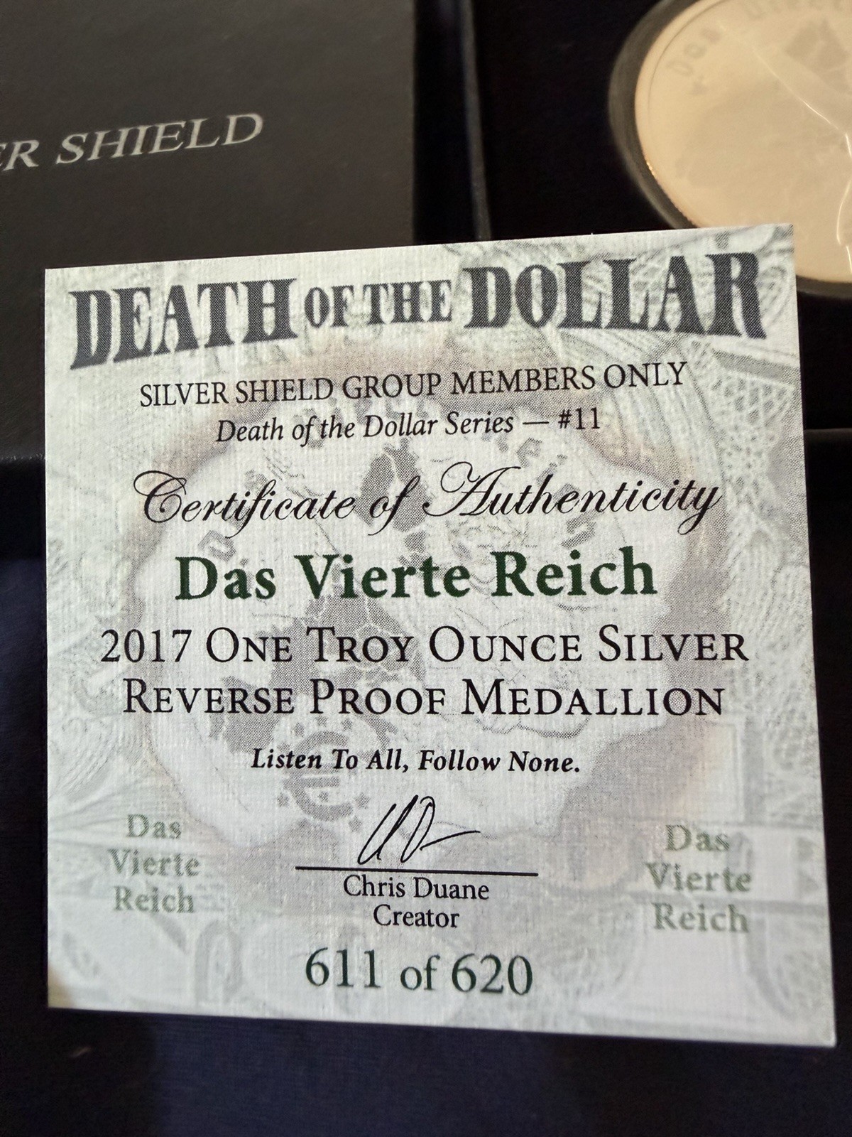 Silver Shield Reverse Proof 2017 Das Vierte Reich 1oz COA 611