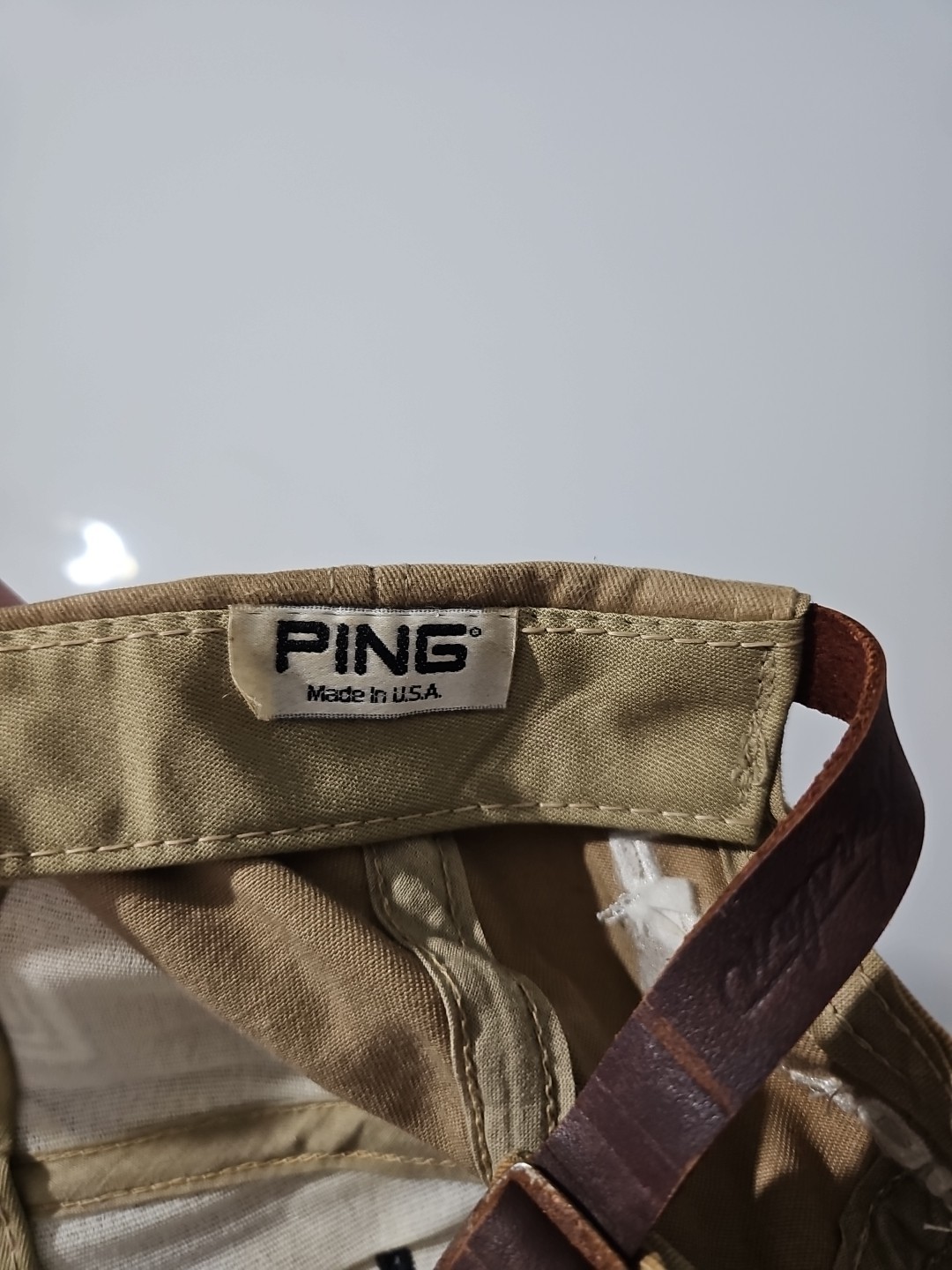 Vintage 90s Ping Karsten Leather Strapback One Size Golf Tan Hat Made in USA