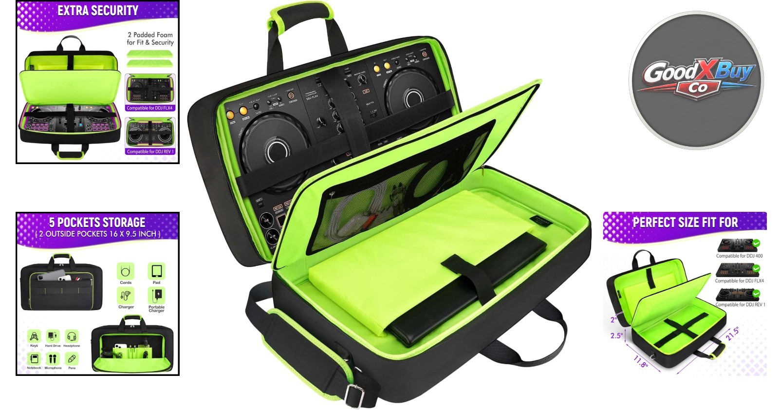 Green DJ Controller Case for DDJ 400 / FLX-4 / REV-1 with Pockets & Adjustabl...