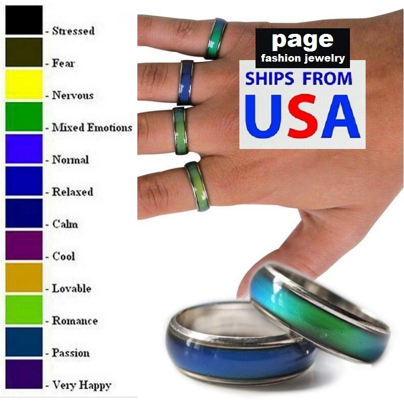 US Seller- 1pc Color Change Mood Ring Stainless Steel US Size 5-10 _With E-Chart