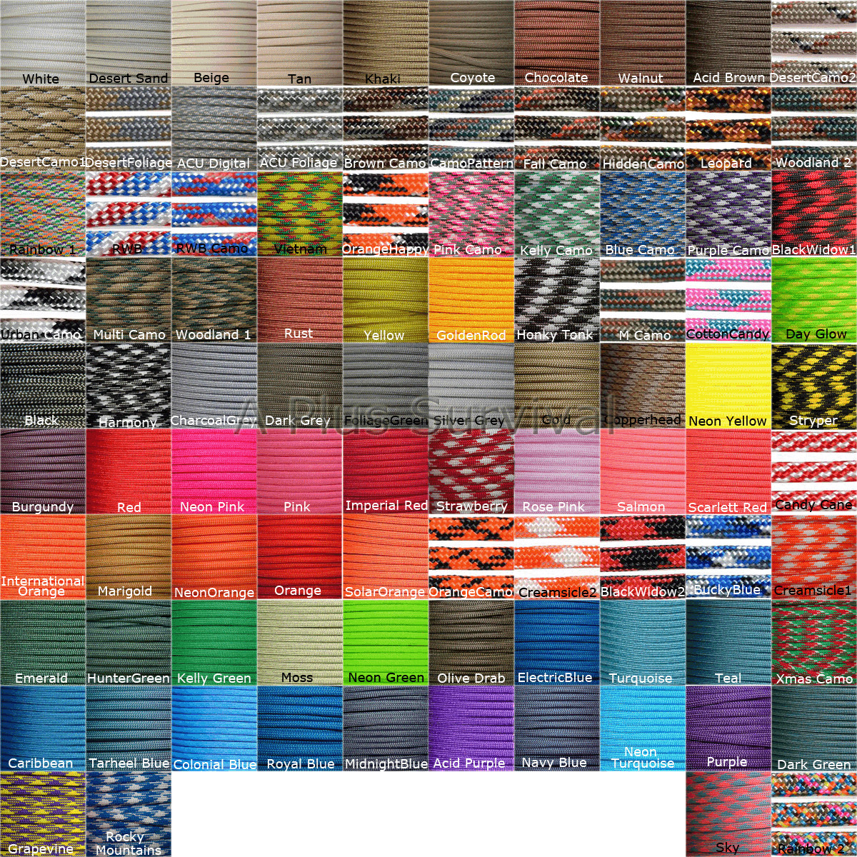 25 Color Lot of Paracord 100 Foot 550 lb 7 Strand for Camping Survival Bracelets