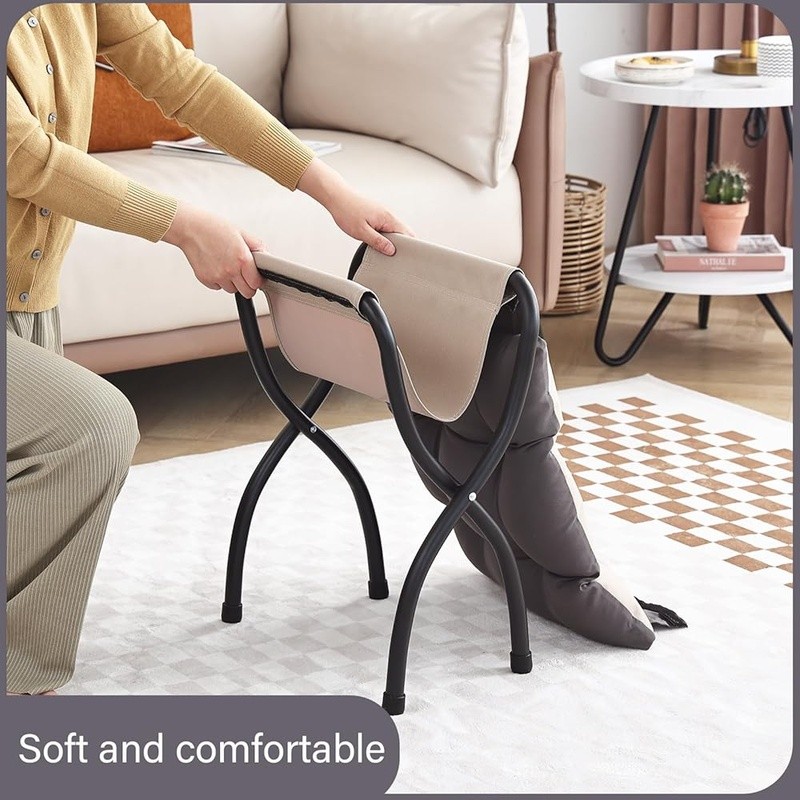 Folding Footrest Stool Portable Ottoman Thick Cushion Modern Metal Frame New