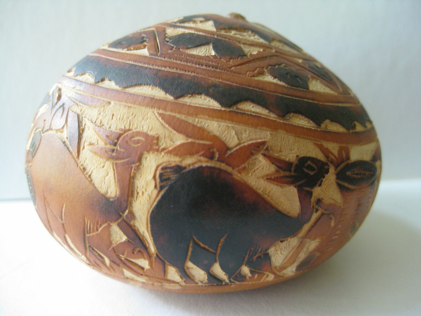 Peruvian Traditional Hand Carved Folk Art Gourd Mate Storyteller Llamas & Keeper
