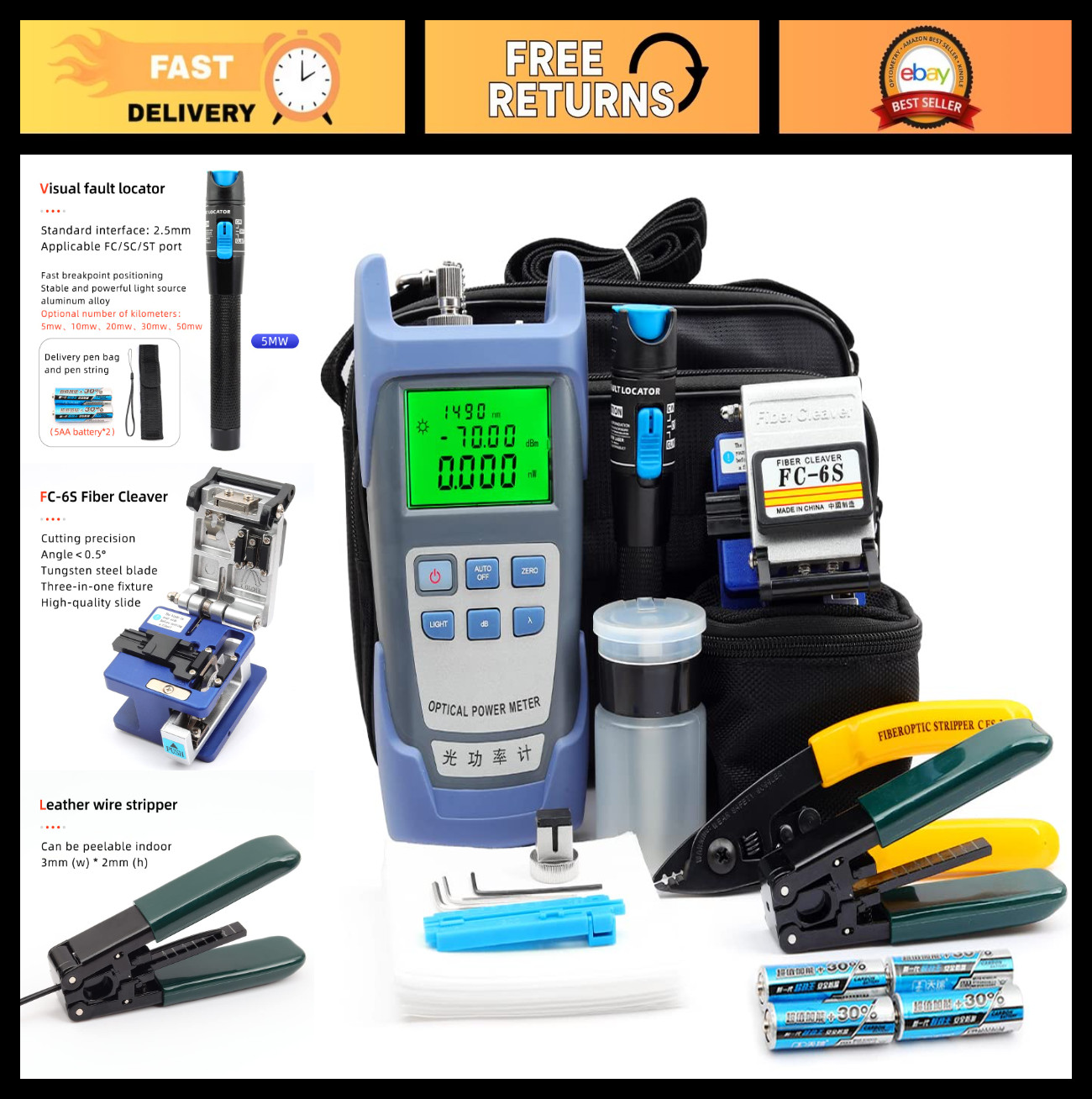 Fiber Optic Termination Tools Kit with Visual Fault Locator, Cleaver, Power Mete