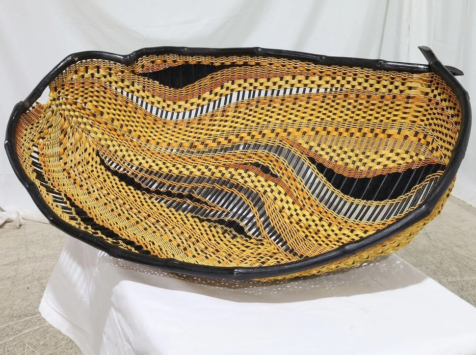 Large Handwoven Wave Basket Sculptural Organic Form Wood Rim Decor 27"x10"