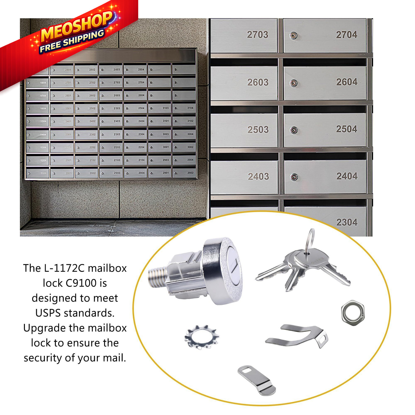 1 Pack L-1172C Mailbox Lock Replacement C9100 Key with 3 ‎Silver