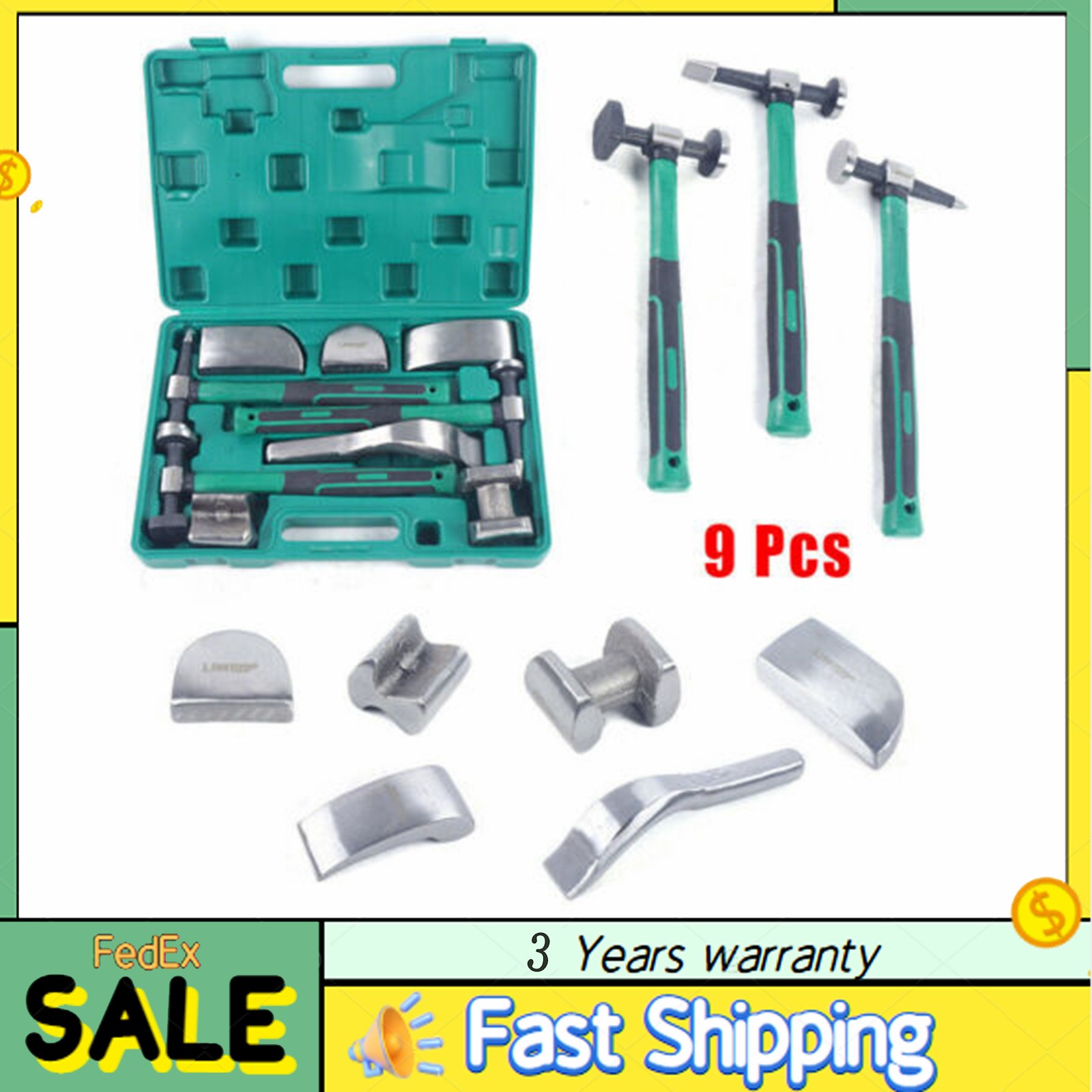 9pcs Set Hand Car Auto Body Work Hammer Fender Tool Dent Crowbar Repair Kit NEW~