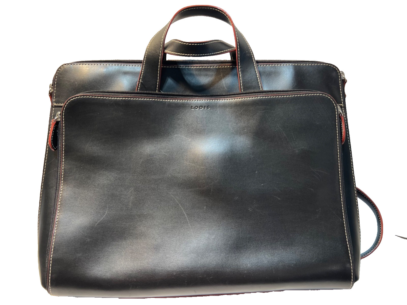 Lodis Black Leather Laptop Briefcase Solid Zipper Closure Shoulder Strap Red/Blk
