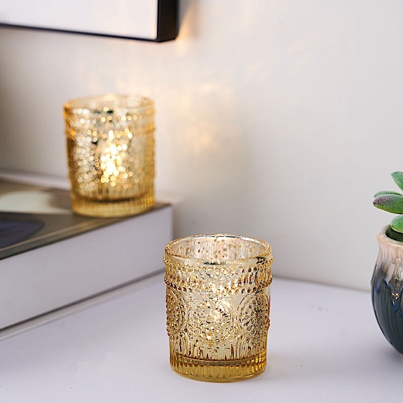 6 pcs Gold Mercury Glass Votive Candle Holders Primrose Design Wedding