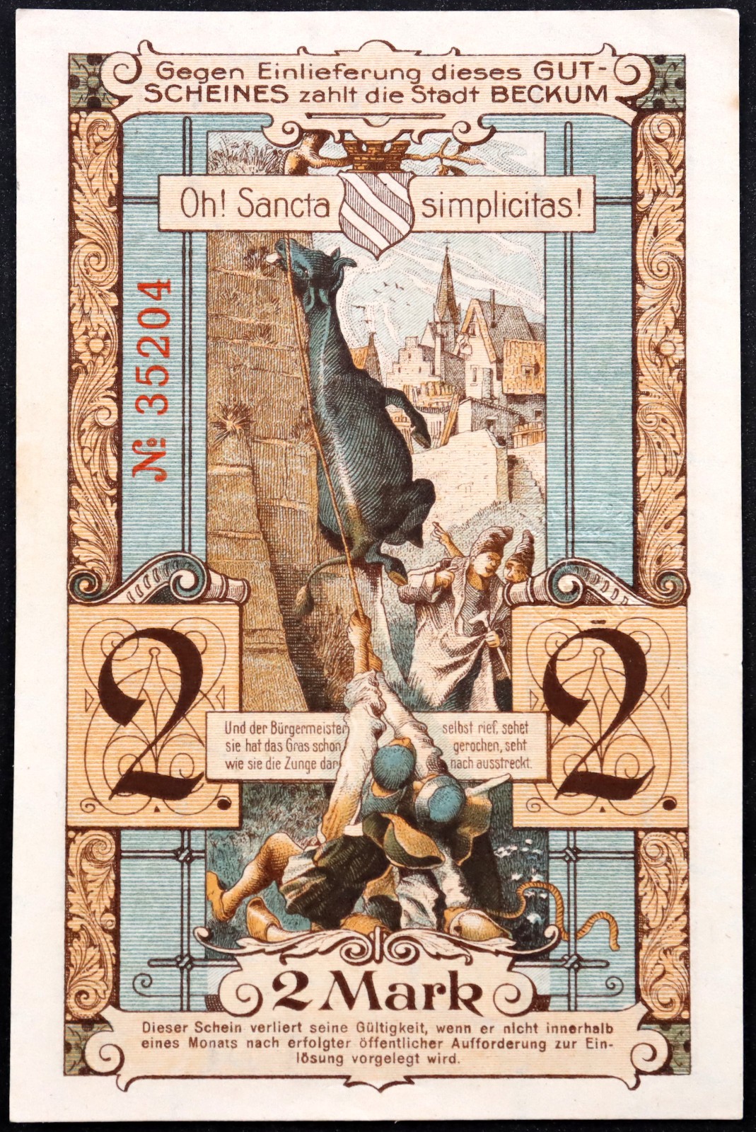 BECKUM 1918 "Cow Leaping for Grass" Large 2 Mark Grossnotgeld Germany