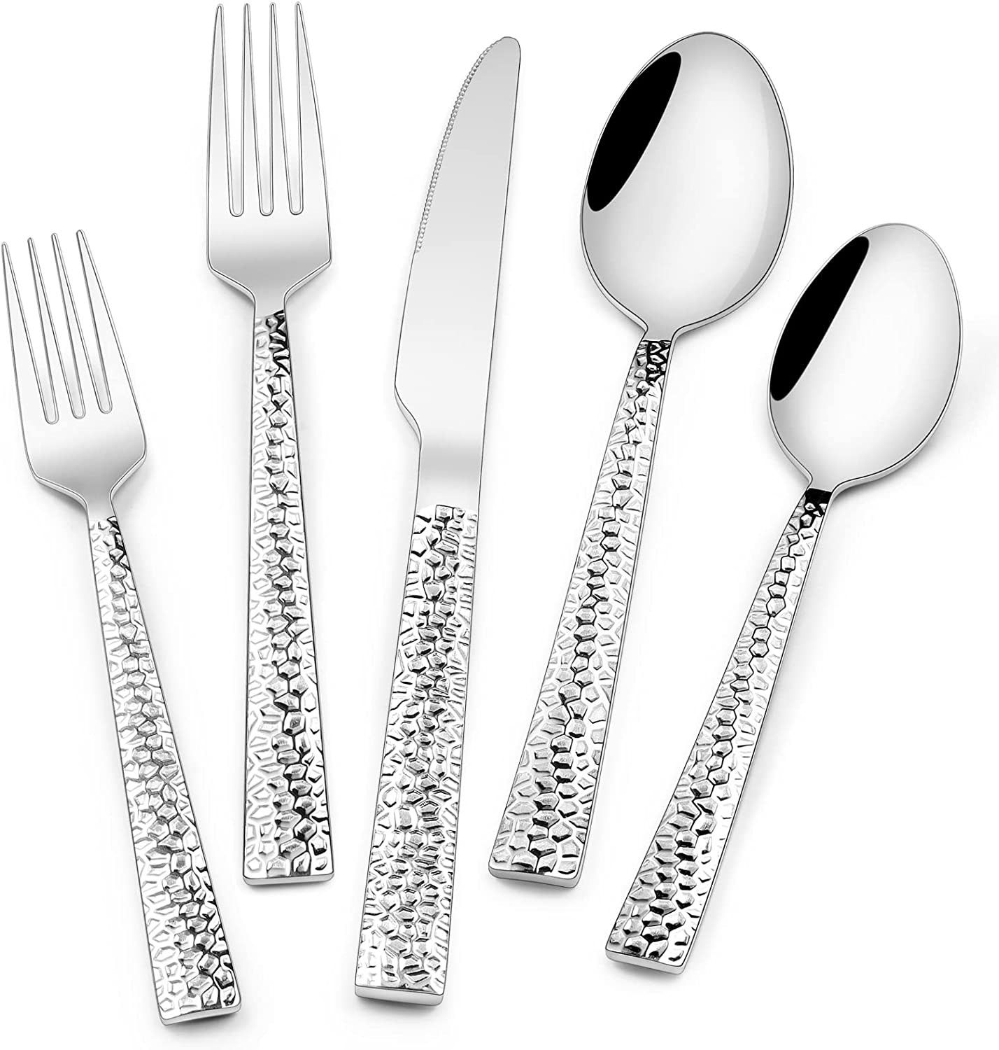 Hammered Silverware Set, 40-Piece Stainless Steel Square Flatware Set for 8, Foo