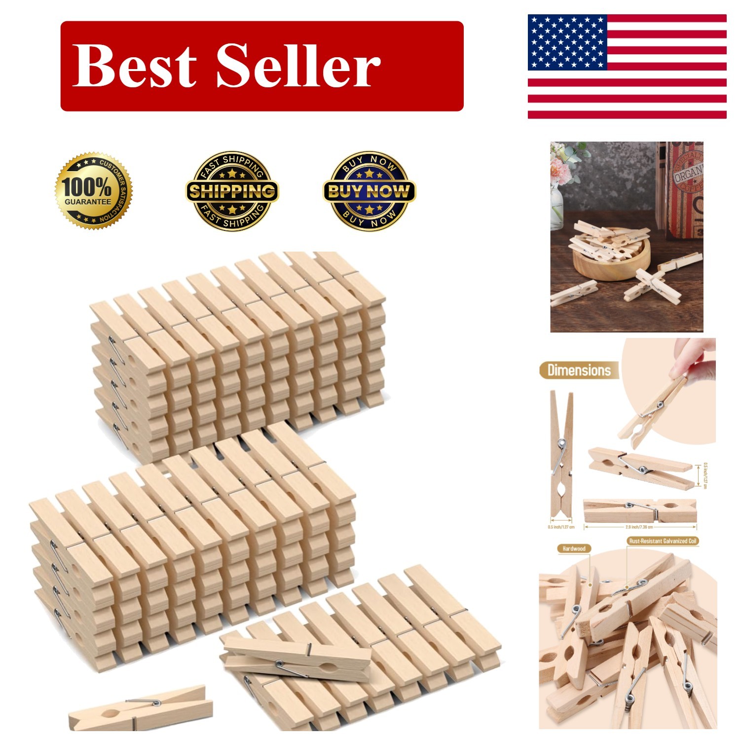 Clothes Pins Wood for Hanging Clothes,3.5 Inch【100pcs】 Heavy Duty Wooden Clot...