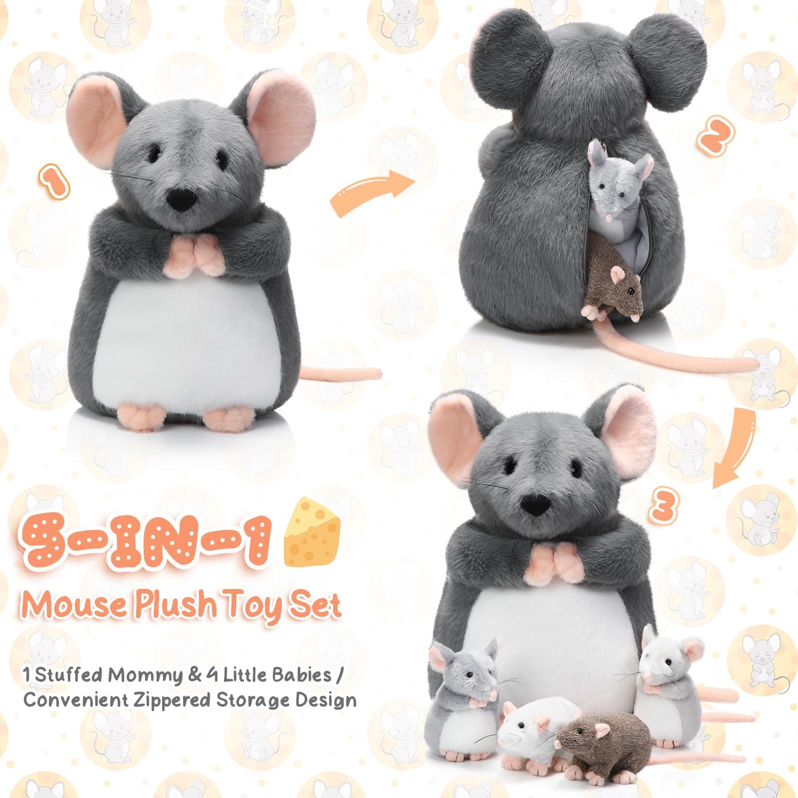 Arrowbash 5-Pc Mouse Stuffed Animals Set - 14" Mommy Rat Plush & 4 Small