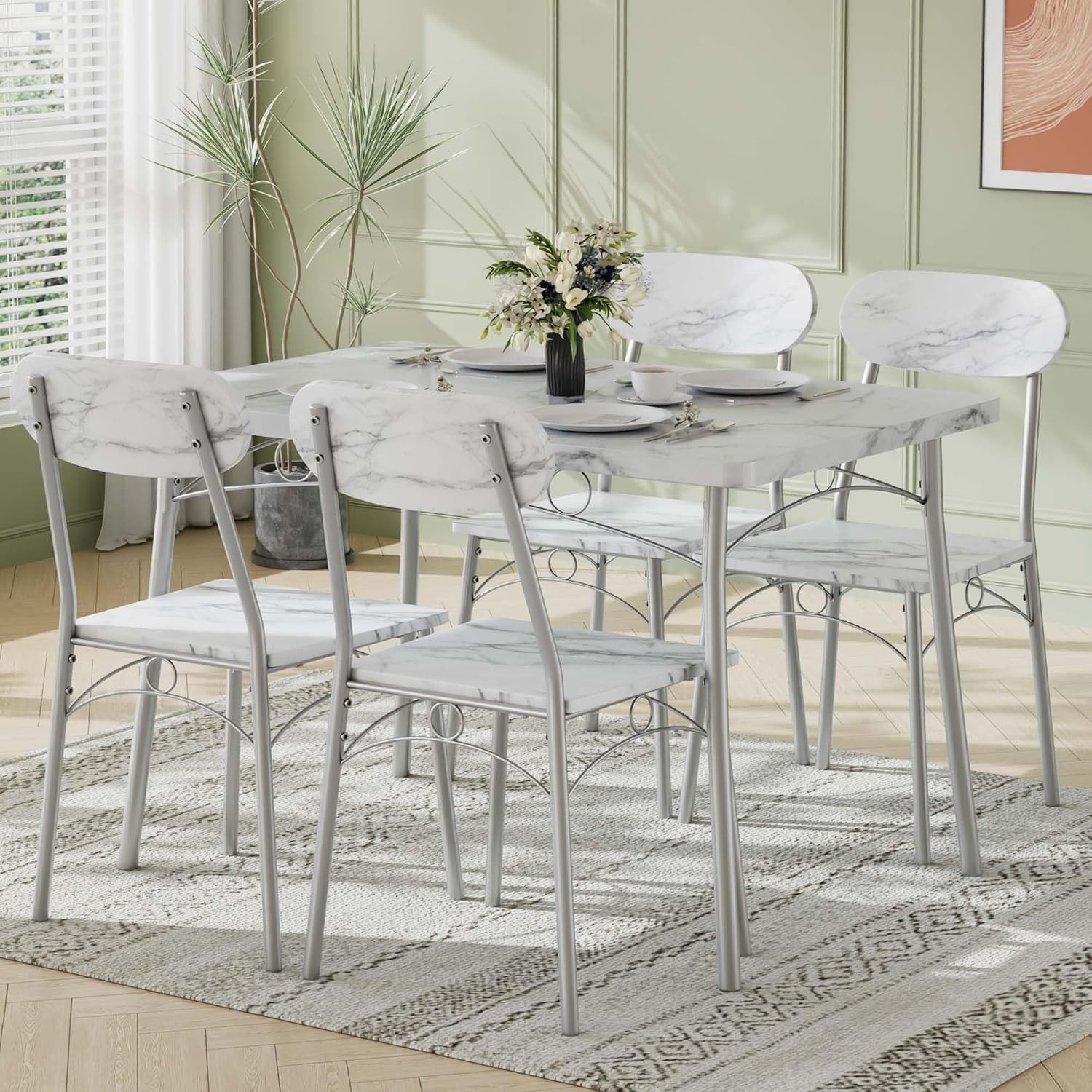 Stylish 5-Piece Marble White Dining Set for 4 with Metal Frame