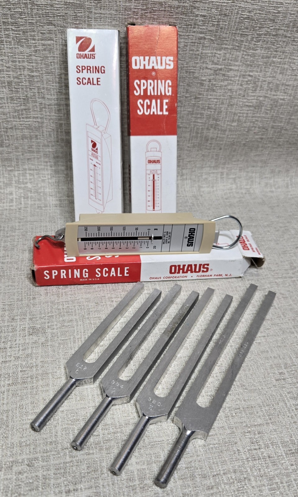 Science Instruments-Lot of 3 Ohaus Spring Scales and 4 Tuning Forks