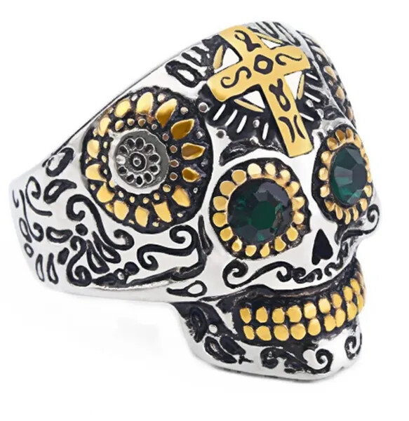 MENS 316L STAINLESS STEEL JEWELRY SUGAR SKULL SKELETON SIZE 8-12 PINKY RING