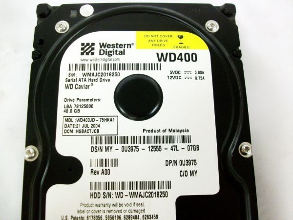 Hdd 40gb sata wd400jd-75hka1 dcm: dsbhctjcb, dp/n 0u3975 rev a00