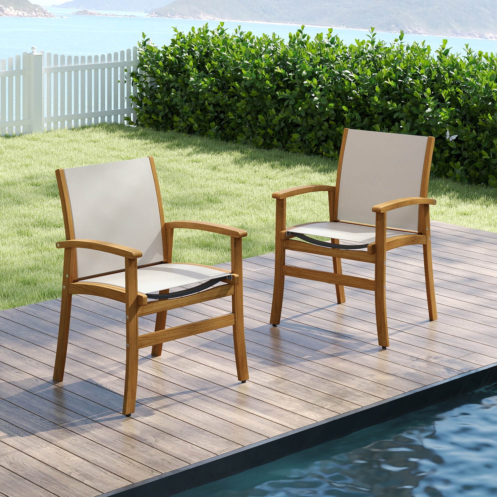 2 PCS Outdoor Dining Chairs Acacia Wood Patio Chairs w/Breathable Fabric Seat