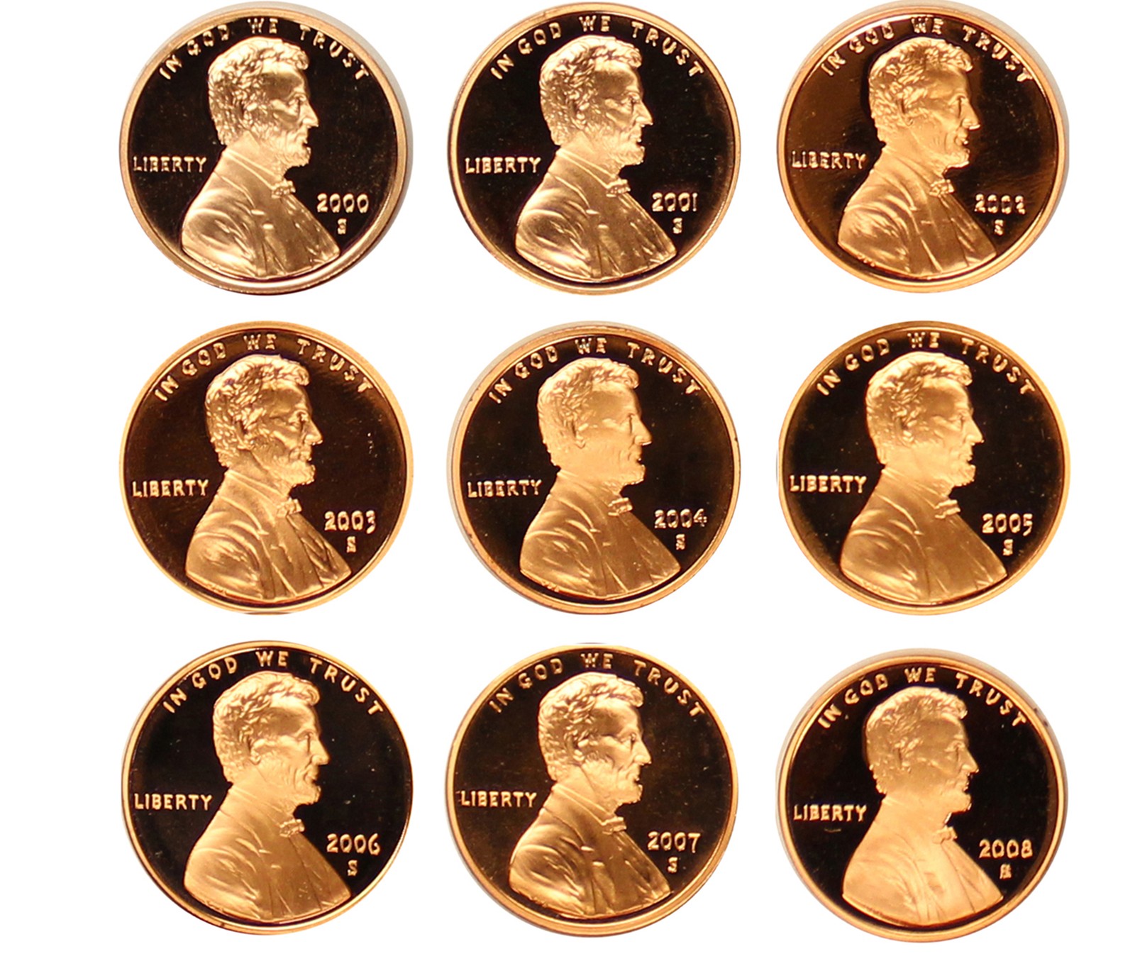 2000-2008 Proof Lincoln Memorial Cent Run 9 Coin Set