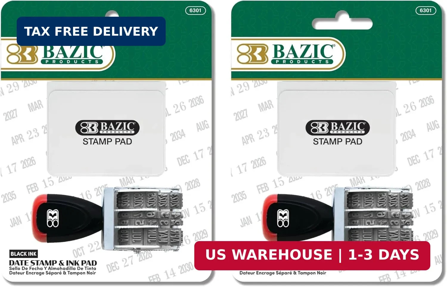 BAZIC Products Date Stamp with Black Ink Pad, 12-Year Date Bands, 2-Pack | 12 ye