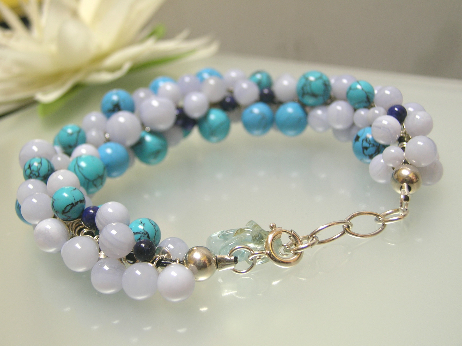 Mixed real Gem beads Designer inspired Sterling Silver bracelet