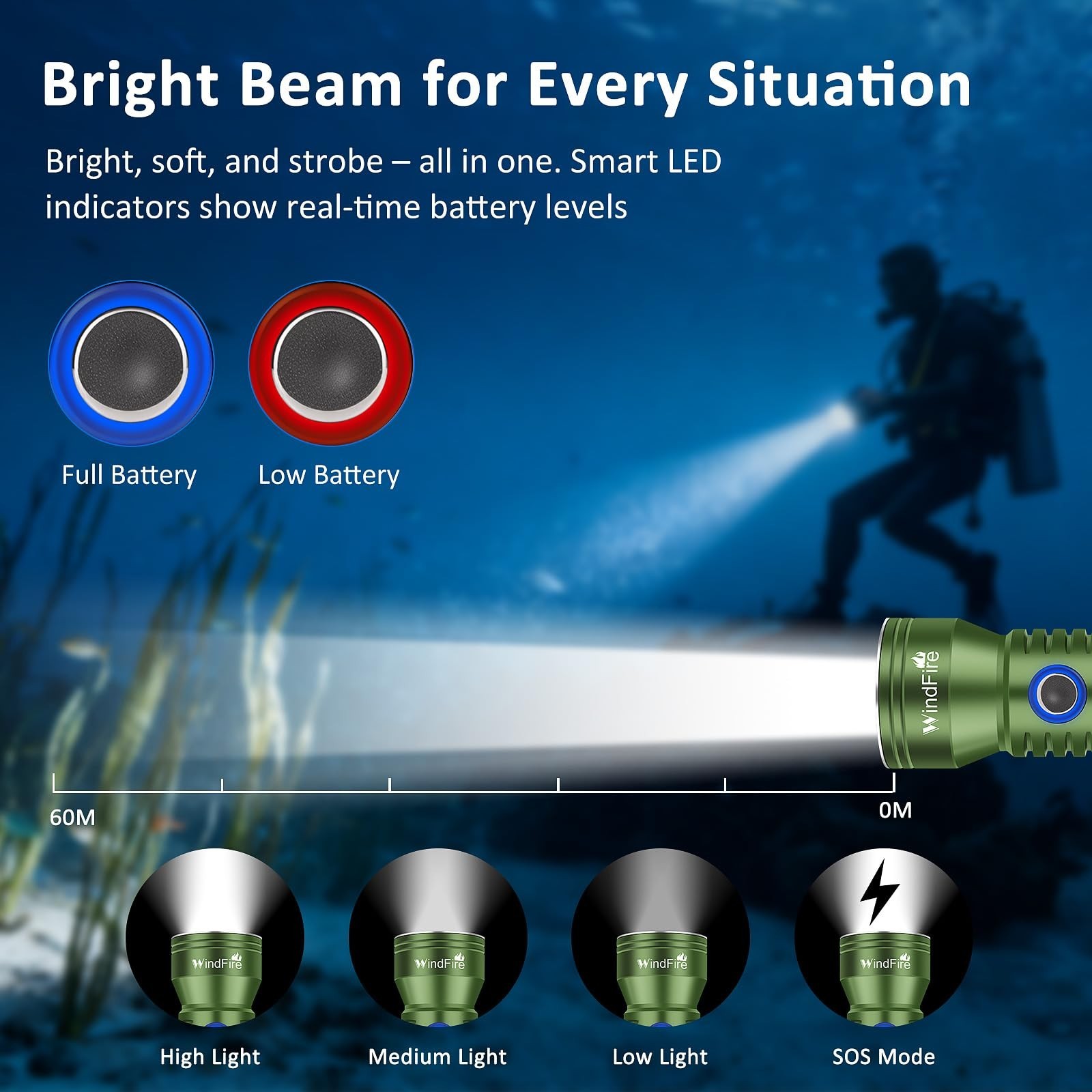 WINDFIRE Dive Light Scuba Diving Flashlight, IPX8 Waterproof 210 Feet Underwa...