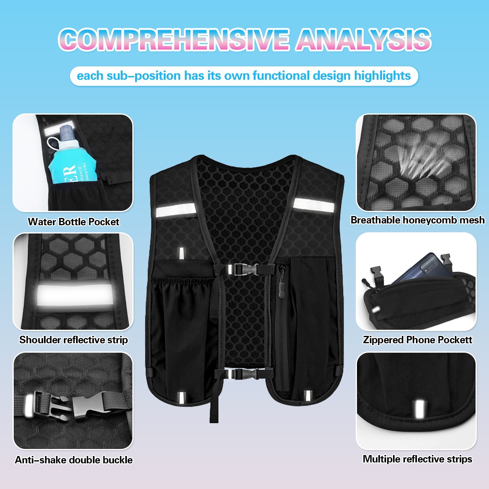 Running Hydration Vest Backpack 500ml Soft Flask Emergency Blanket Reflective