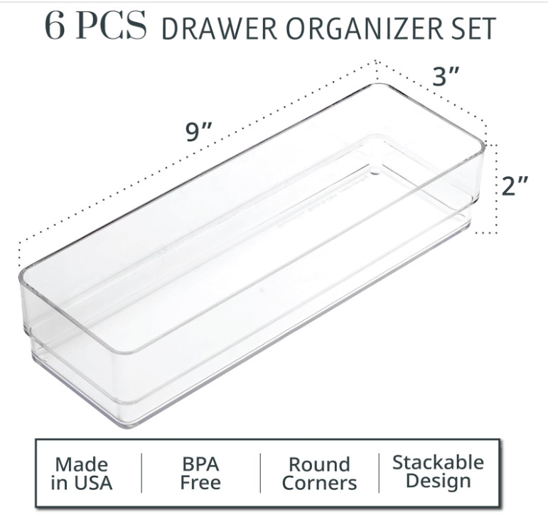 Stori Simplesort 6-Piece Stackable Clear Drawer Organizer Set | 9" X 3" X 2" Rec