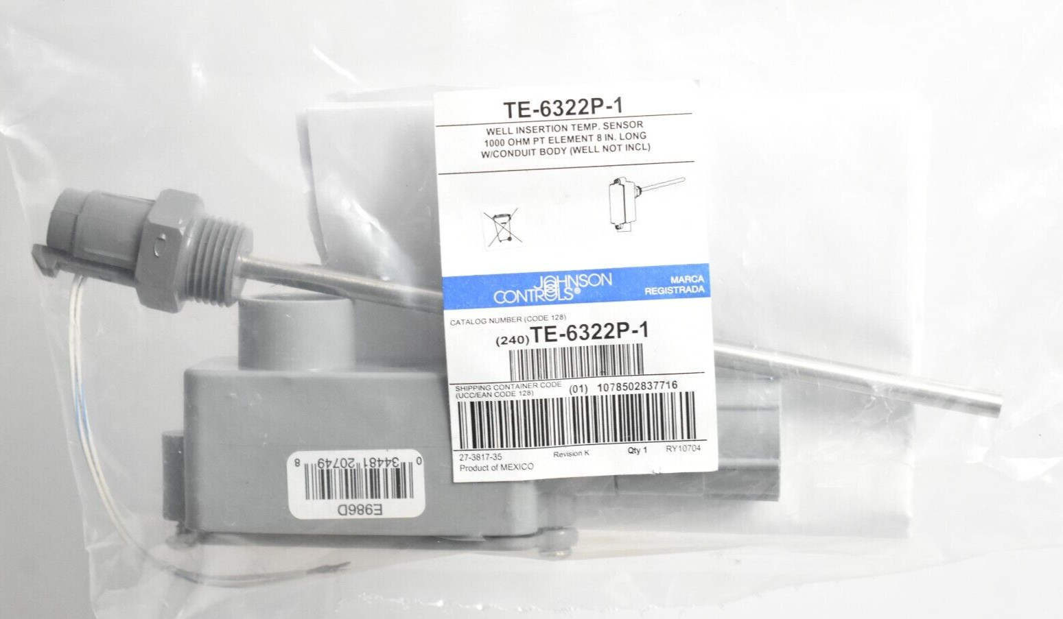 Johnson Controls TE-6322P-1 Temperature Sensor 1000 Ohm