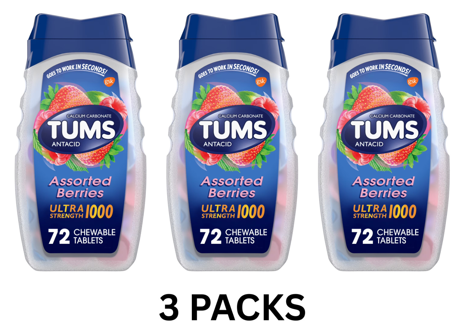 Tums Ultra Strength 1000 Assorted Berries Antacid Tablets, 72 Ct Each Pack of 3