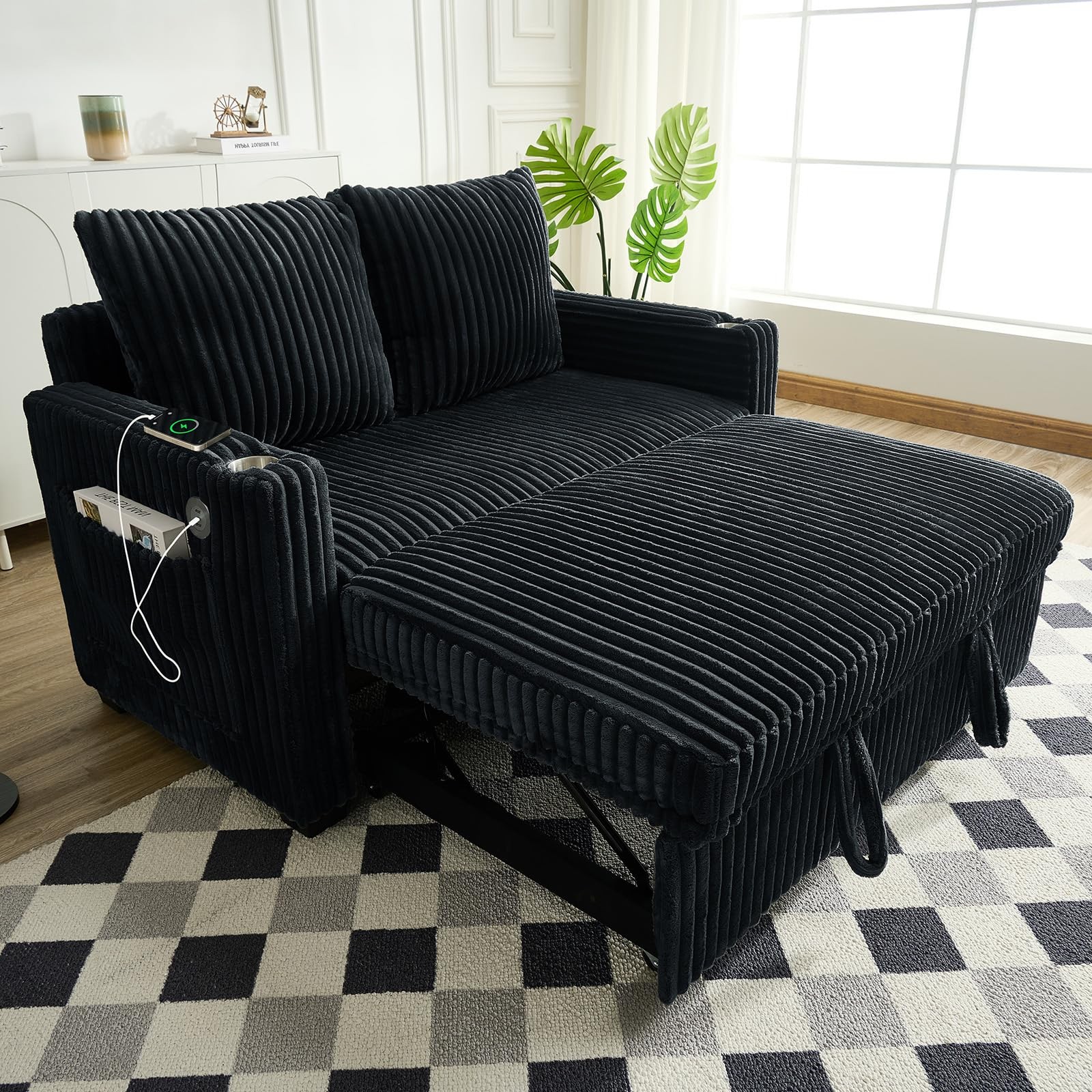 Pull Out Sofa Bed Convertible Corduroy Loveseat USB Charging Adjustable Black