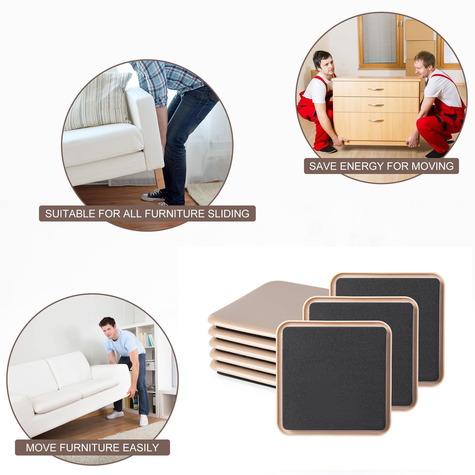 Furniture Sliders, Sliders Pads 4 3/4" Square-8 Pack Coffee, Coffee