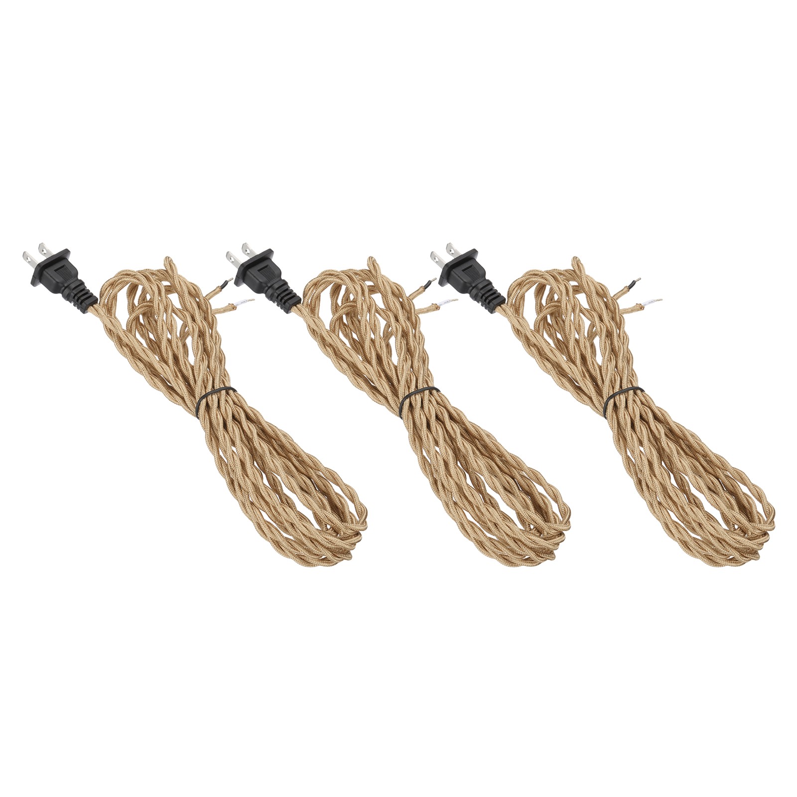 3 Pcs 12Ft 18/2 Twisted Cloth Lamp Cord with Plug, Light Gold