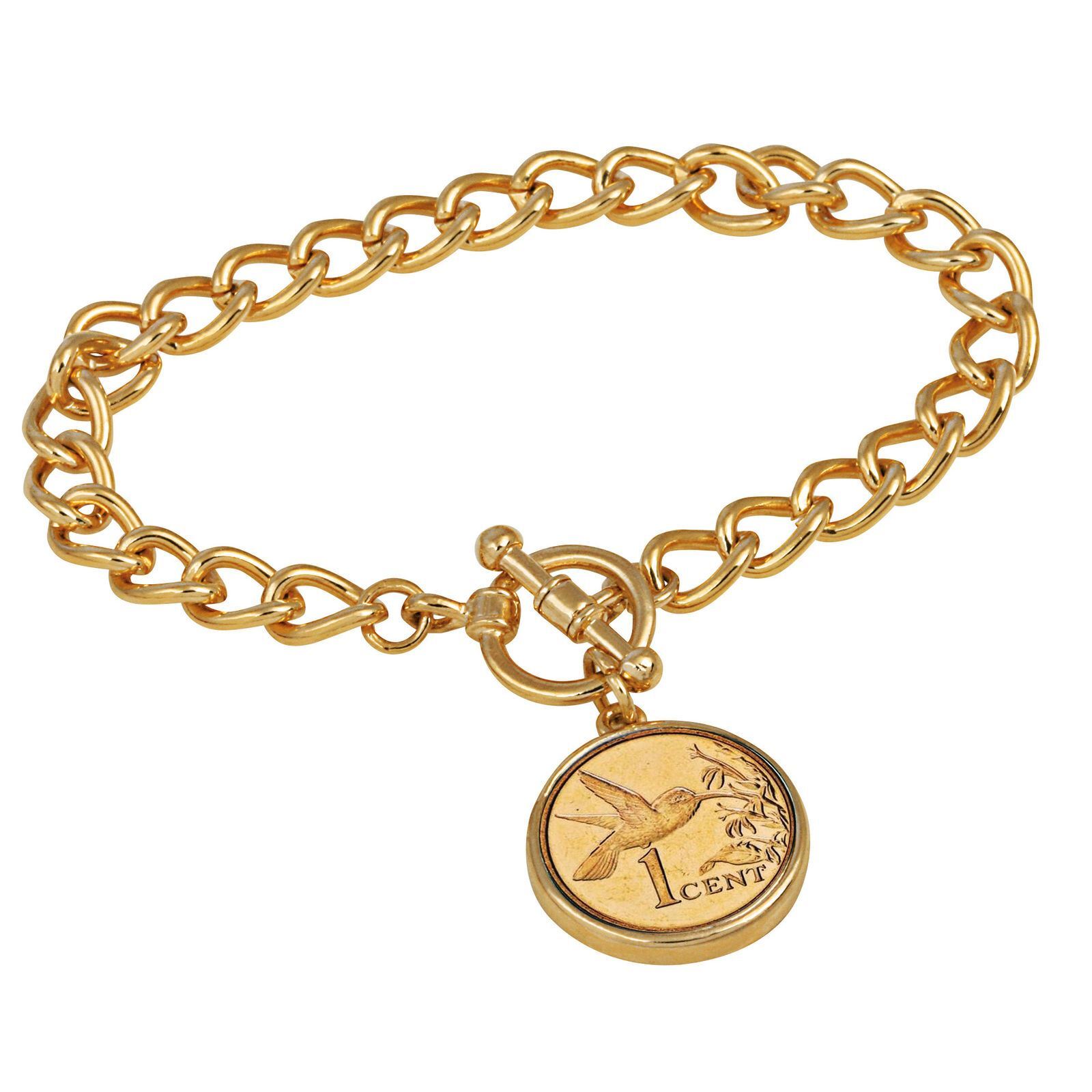 NEW 24KT Gold Plated Hummingbird Coin Goldtone Toggle Bracelet 15328