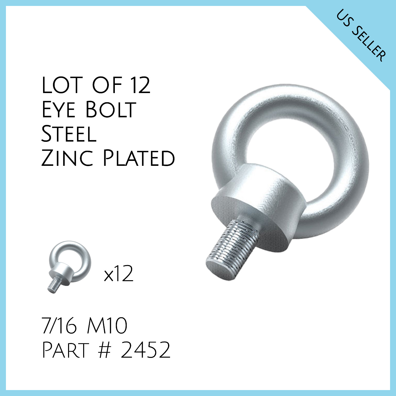 LOT OF 12, 7/16 M10 Lifting Shoulder Machinery Eye Bolt Steel Zink Plated # 2452