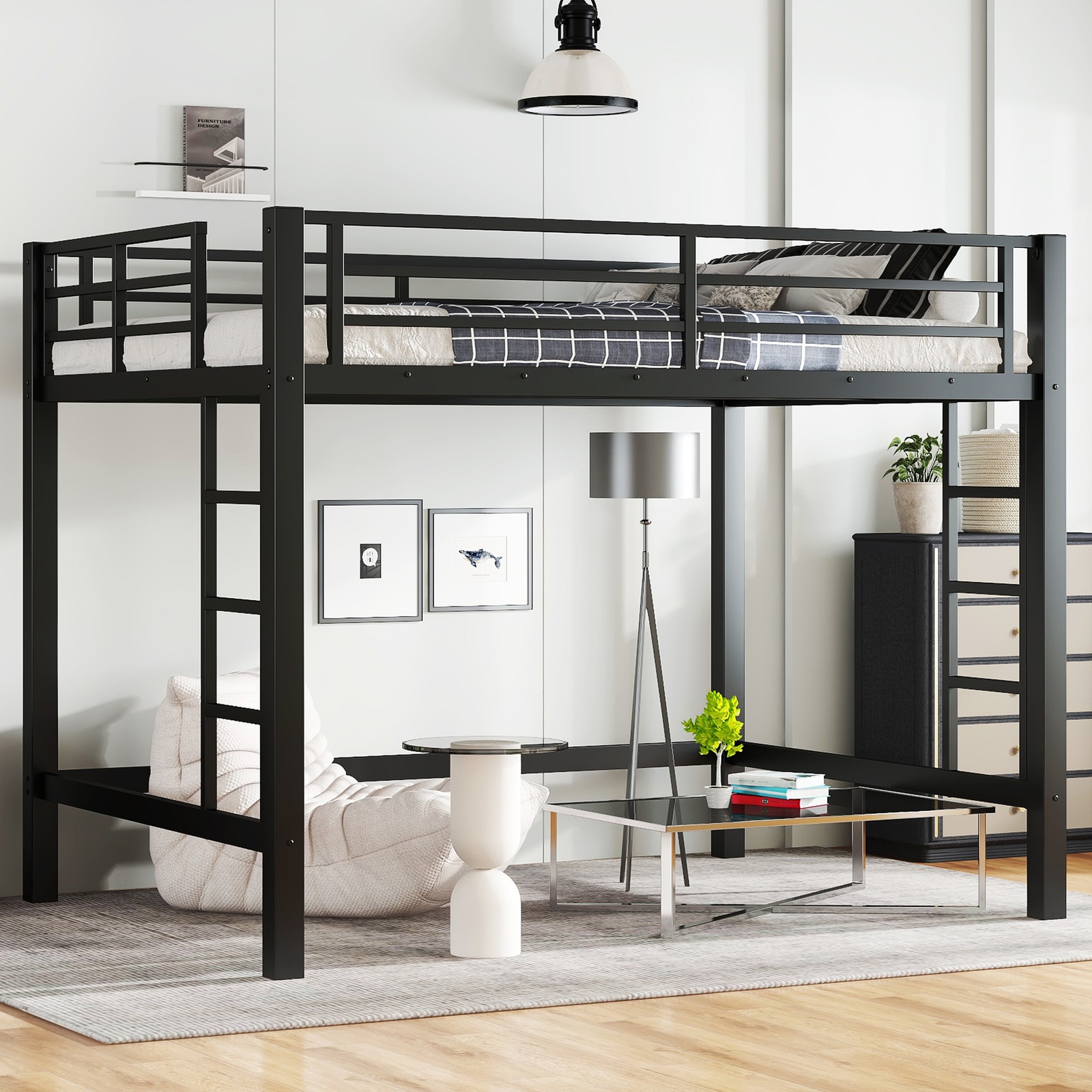 Full Size Metal Loft Bed, Loft Bed w/Easy Climbing Ladder & Guardrails Black