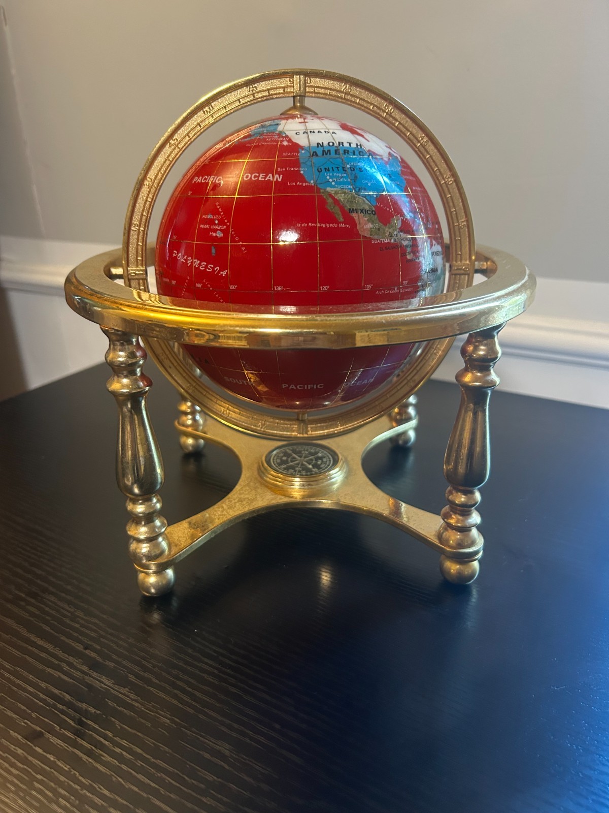 14" Red Ocean 4- leg Zinc Alloy Gold table stand Gem Gemstone World Map Globe