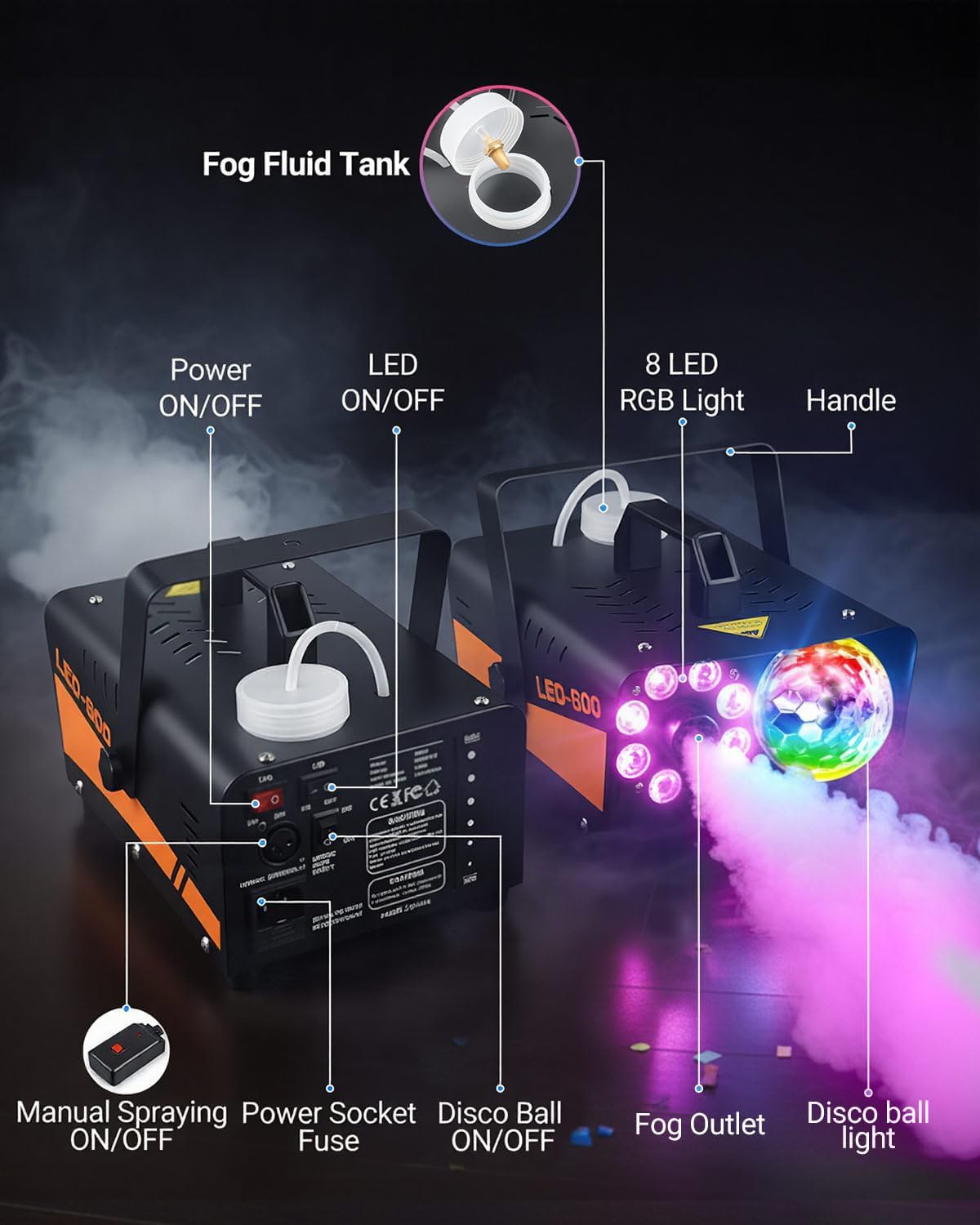 600W Fog Machine Smoke Machine w/ Disco Ball Lights 3000CFM 13-Color LED Effects