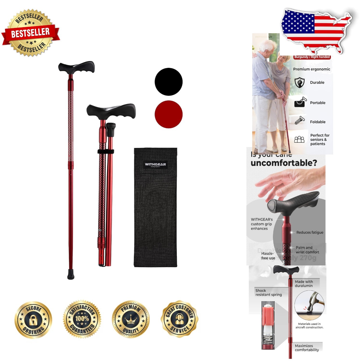 Sturdy Foldable Walking Cane - Burgundy, Duralumin, Right-Handed Ergonomic Grip