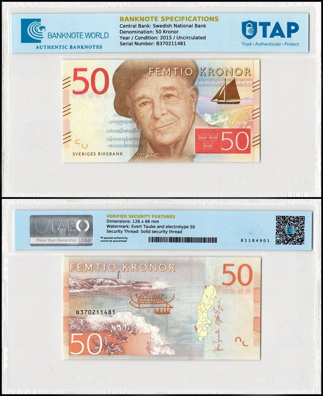 Sweden 50 Kronor, 2015 ND, P-70, UNC, TAP Authenticated