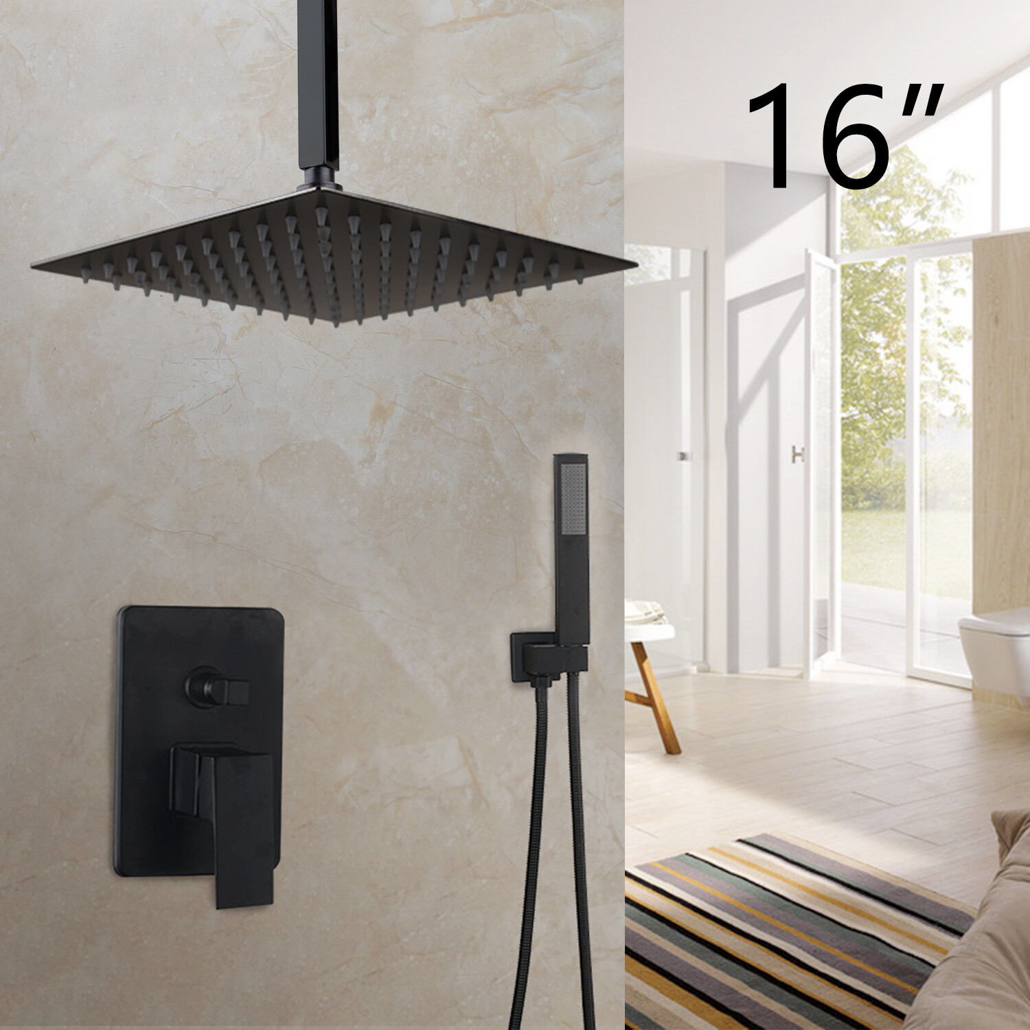 16" Rainfall Shower Faucet Set Black Square Head Wall/Ceiling Mounted Mixer Tap